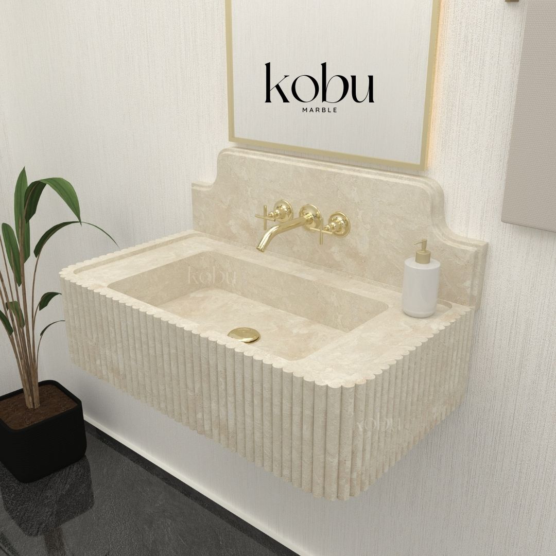 30-Inch Travertine Fluted Sink – Timeless Natural Stone Elegance