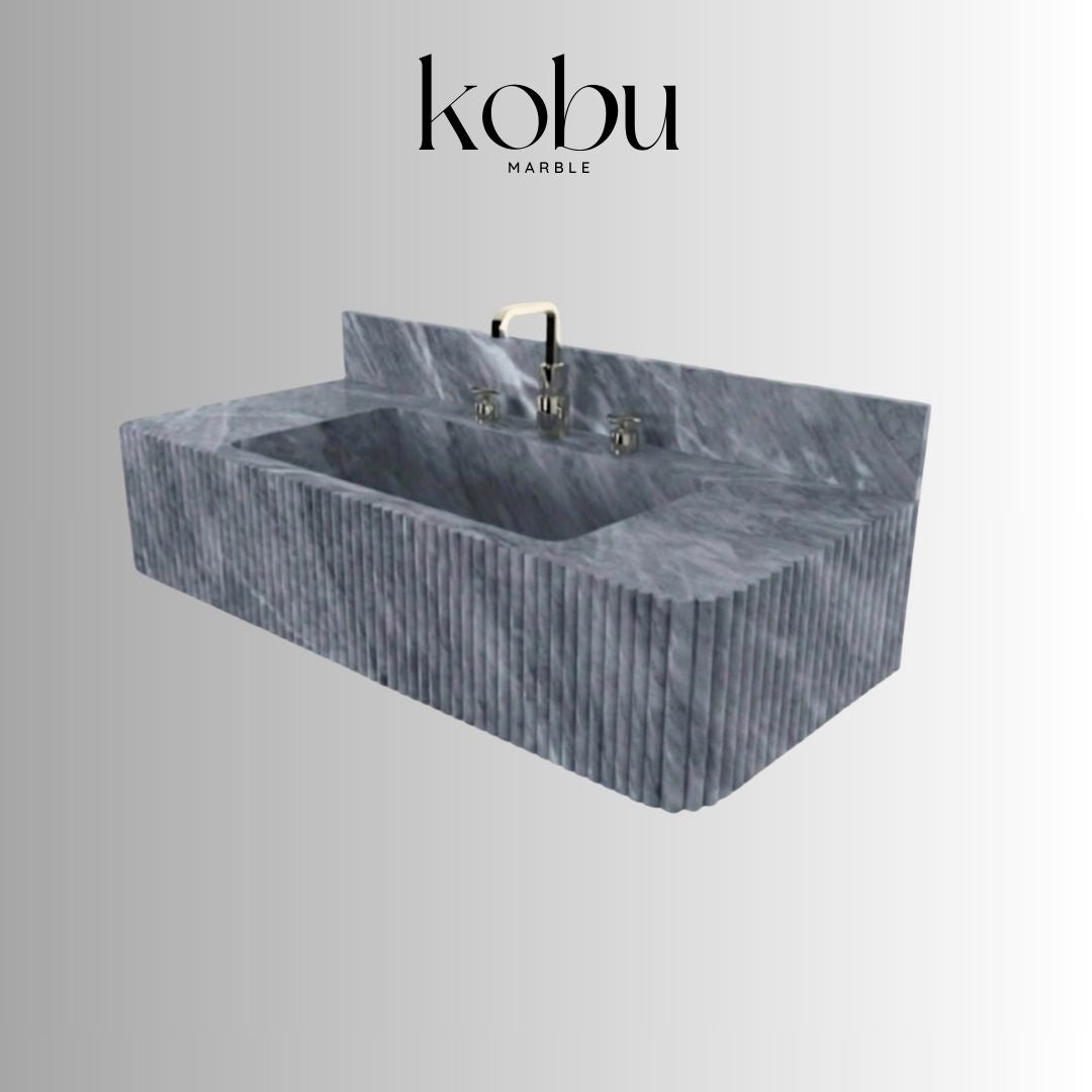 32 inch fluted grey marble bathroom sink wall mounted