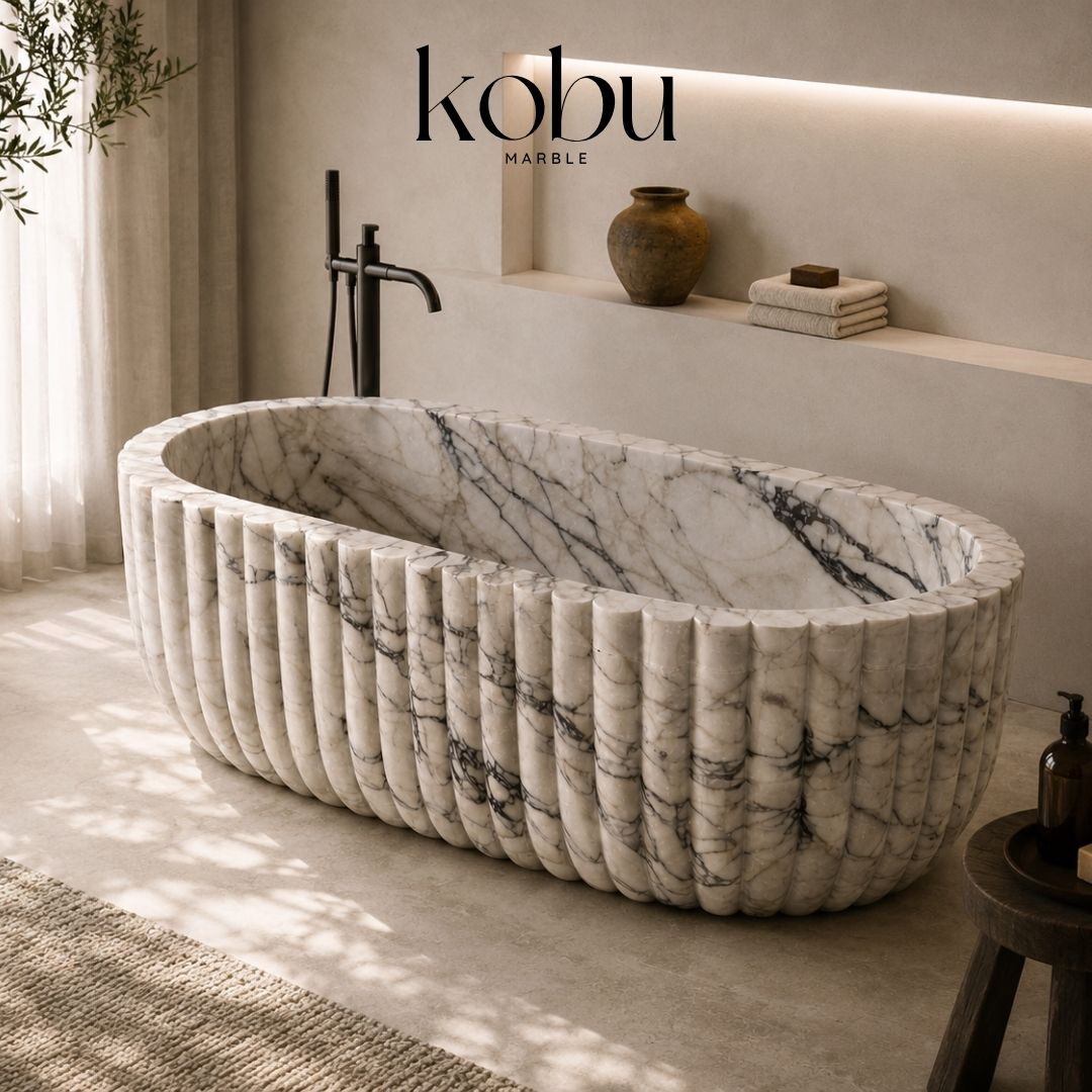 72" Calacatta Viola Fluted Freestanding Bathtub – Natural Marble Tub