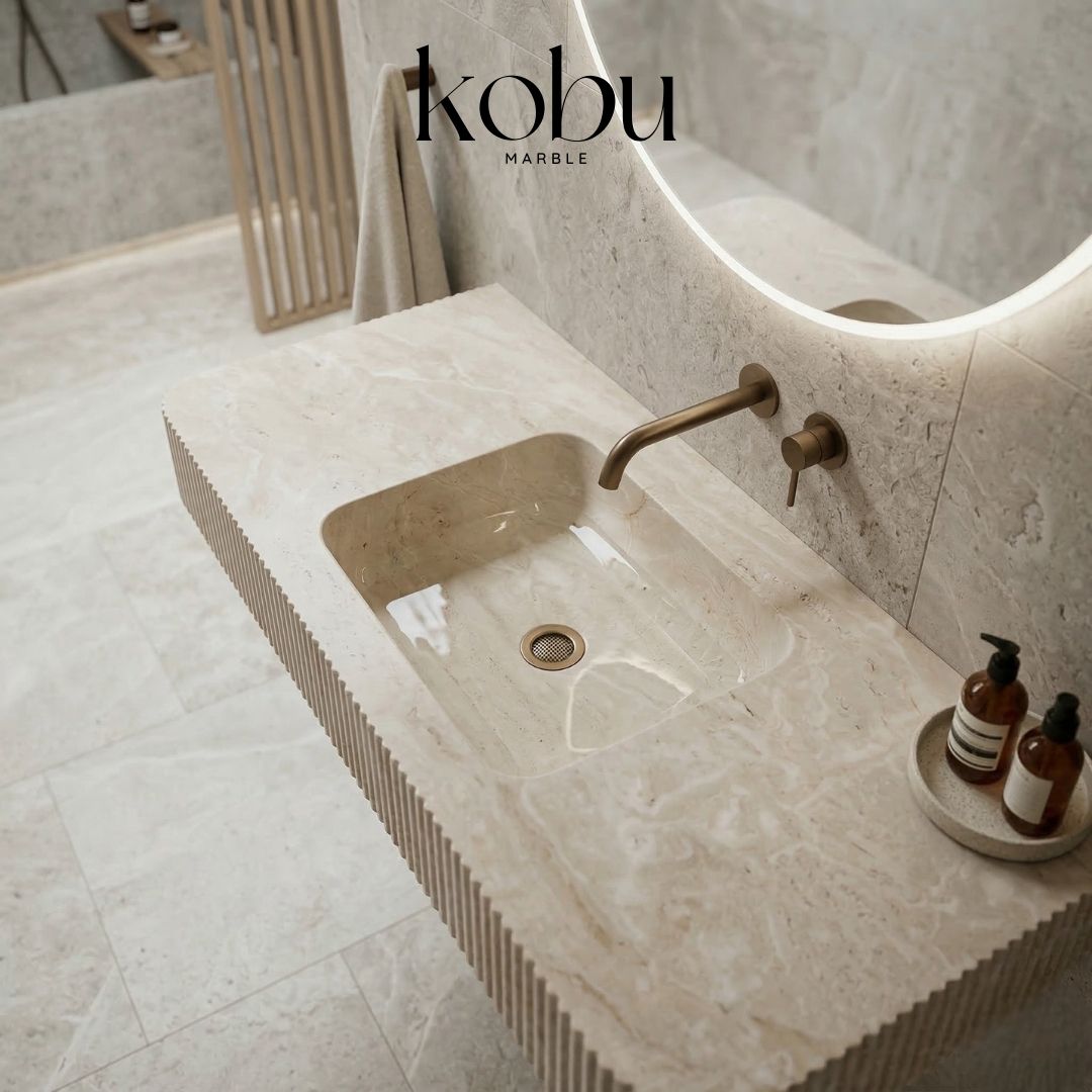 luxury beige marble floating bathroom sink wall mounted