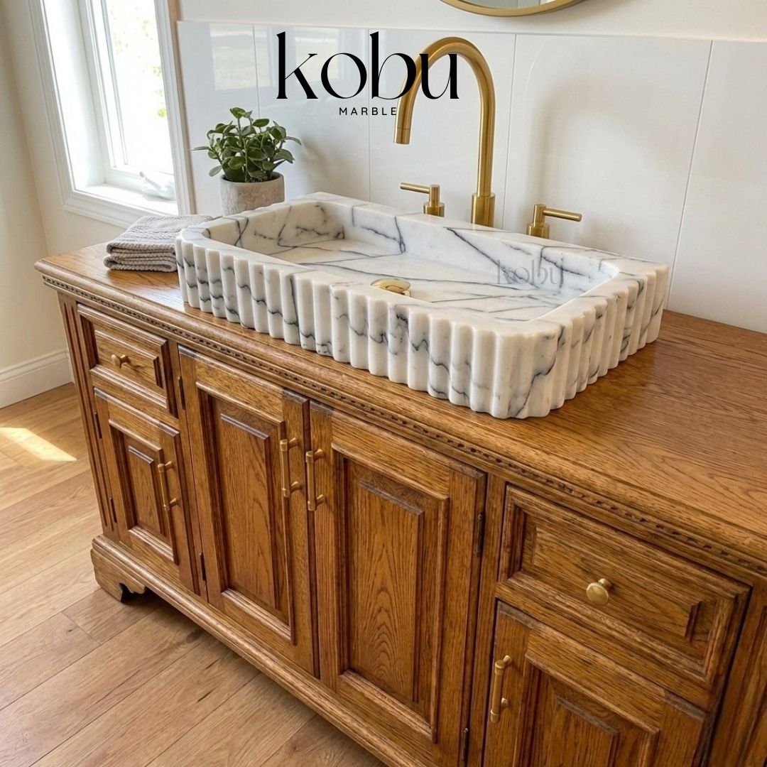 Front view of rectangular lilac marble countertop bathroom sink