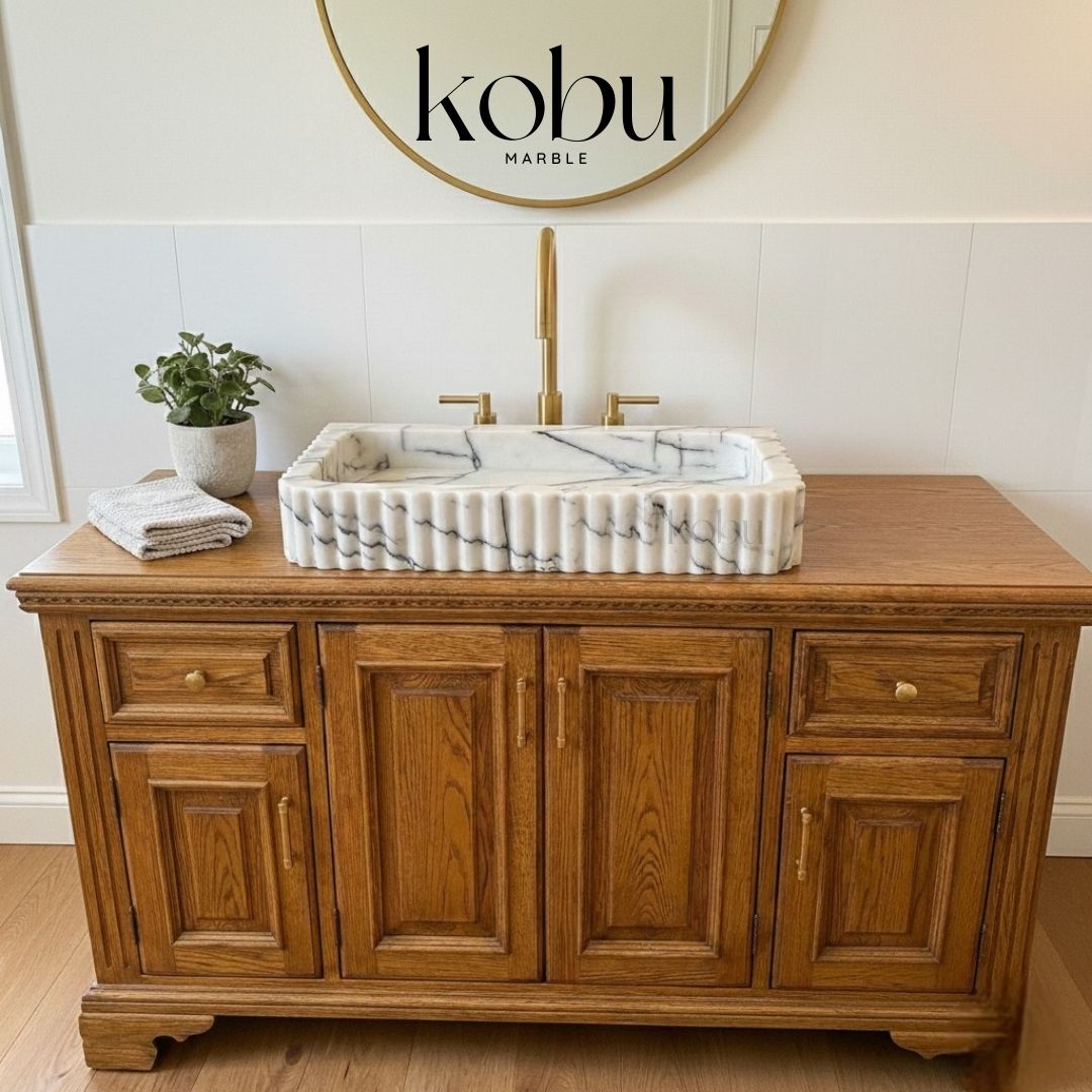 Handmade rectangular lilac marble sink with natural stone veining