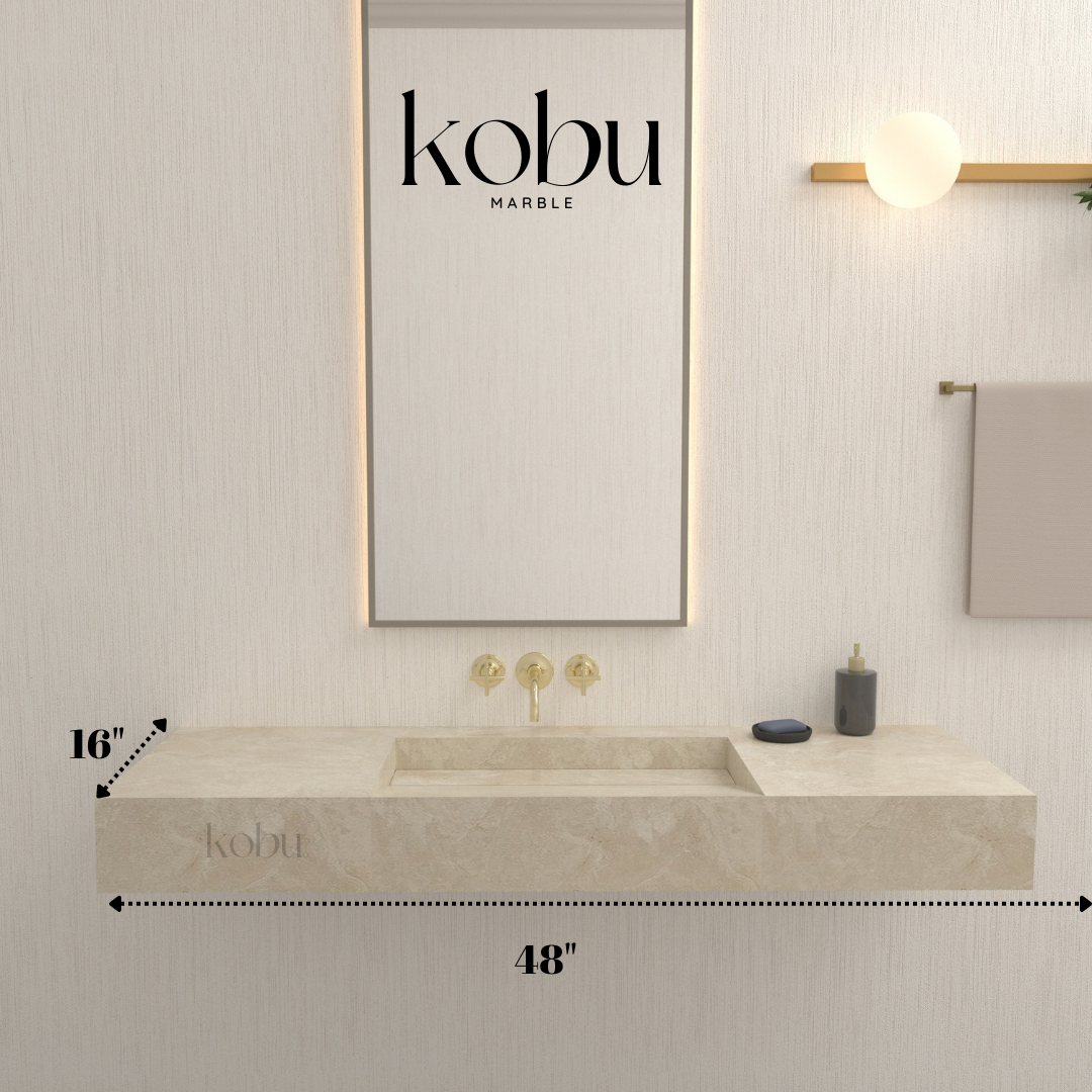 Installed 48-inch sloped travertine bathroom sink on a countertop, perfect for modern and rustic interiors.
