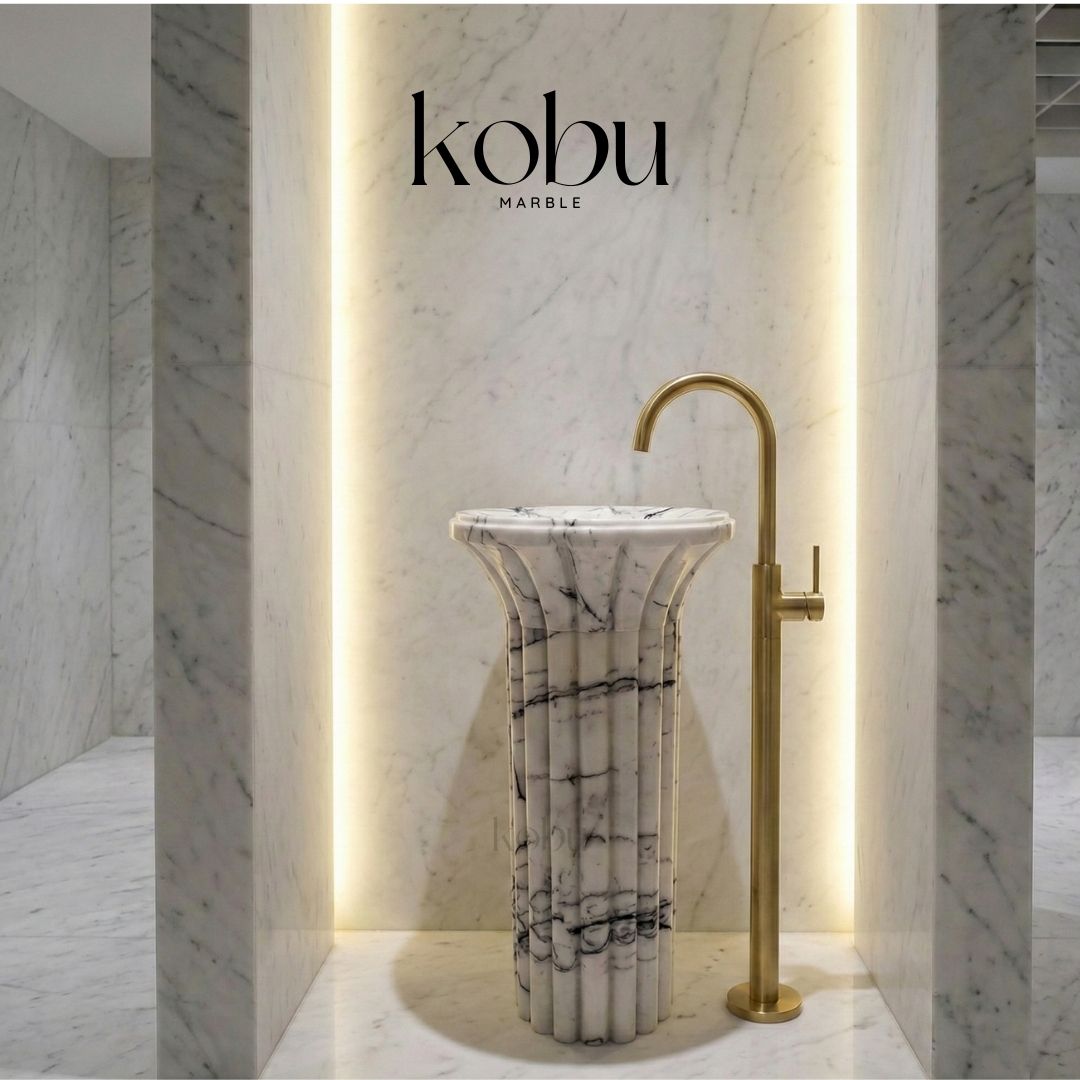 2 piece lilac marble pedestal sink sculptural bathroom design