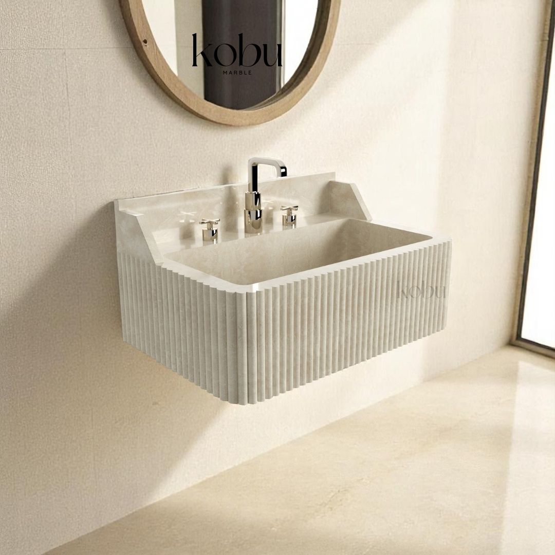 Front view of 24-inch travertine wall mounted sink with integrated backsplash