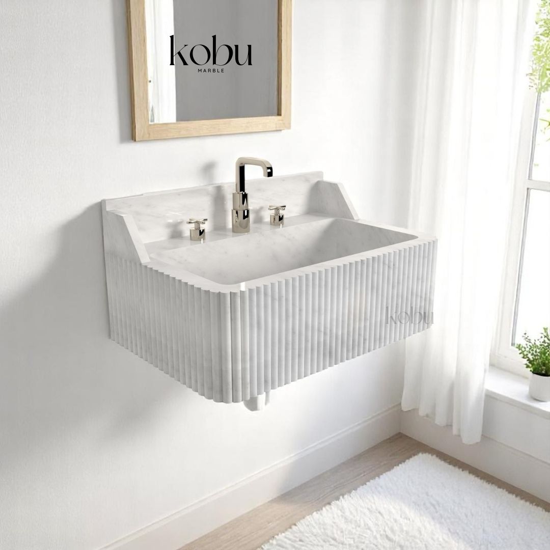 Front view of 24-inch white marble wall mounted sink with smooth finish