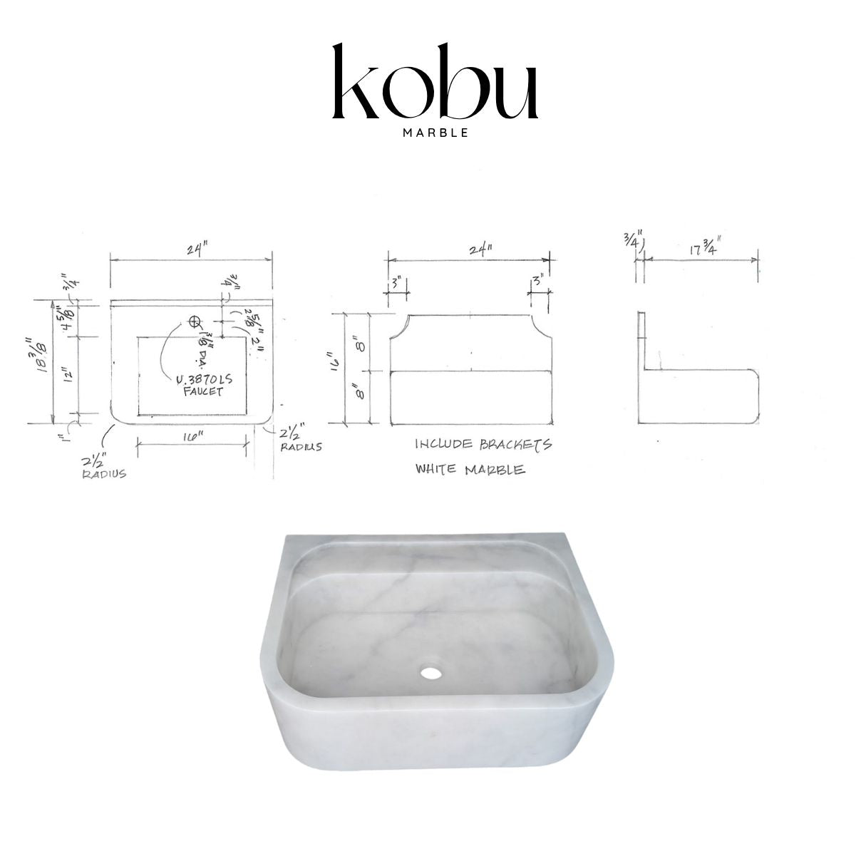 24" Custom White Marble Sink