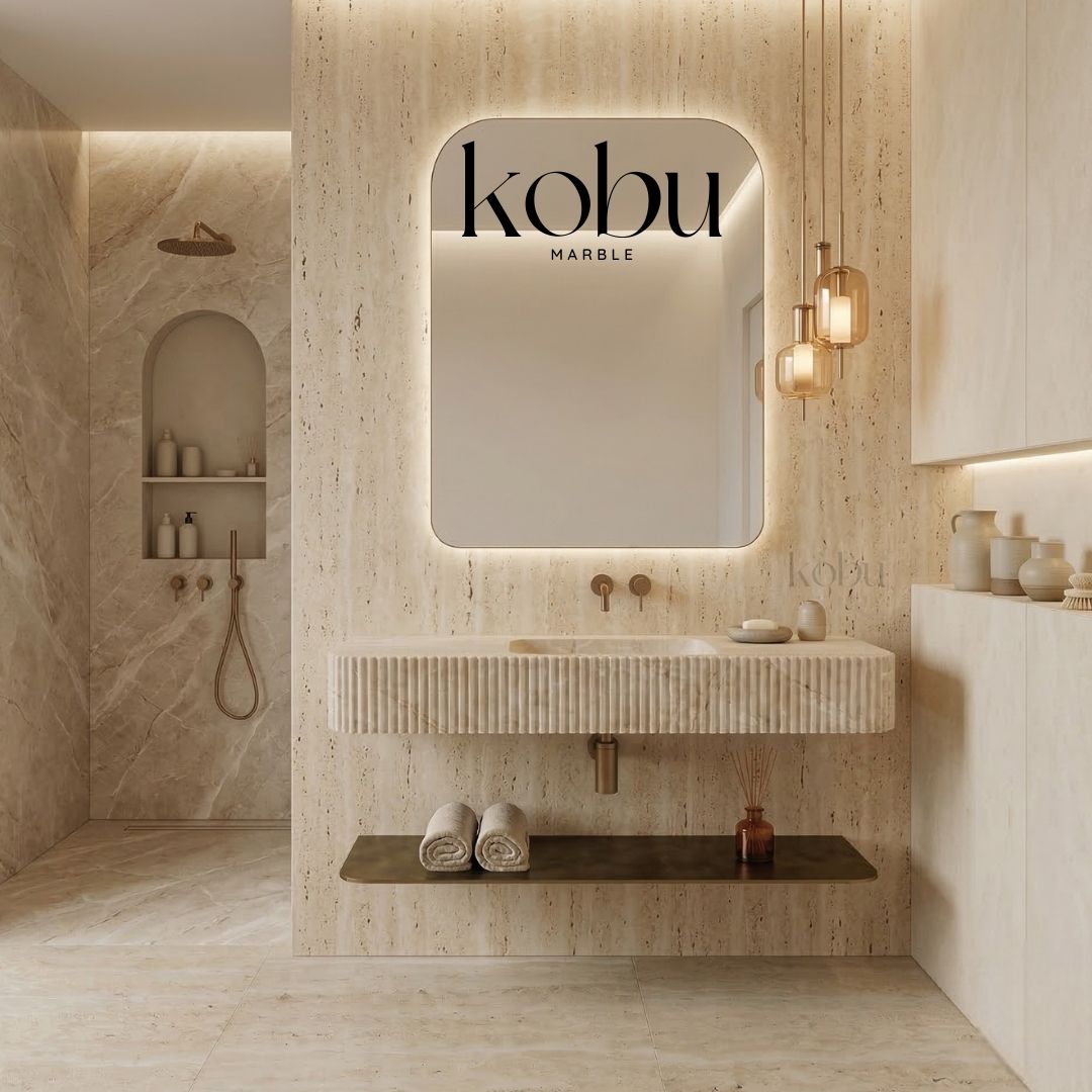 48 inch beige marble wall mounted bathroom sink