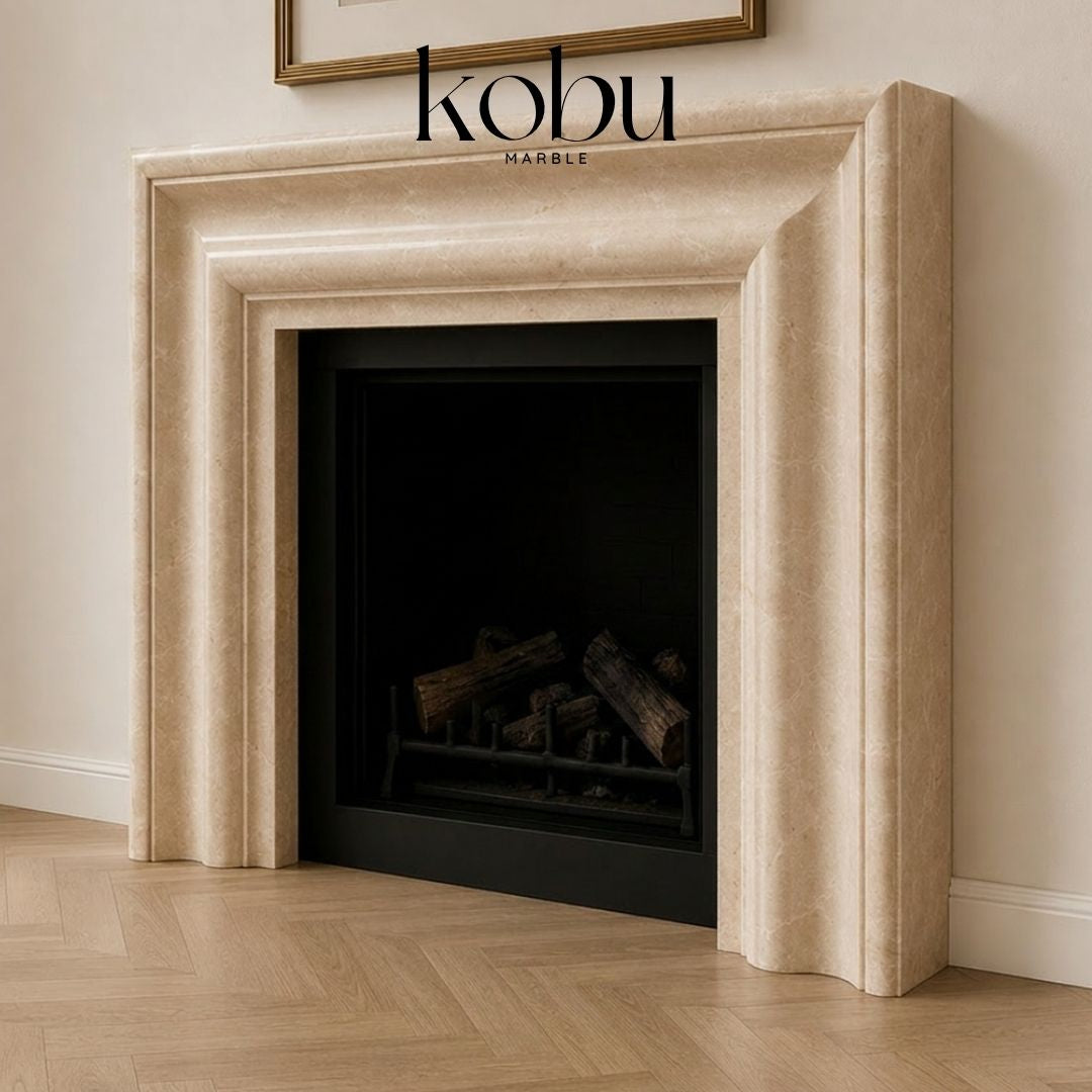 Close-up detail of 60 inch beige marble fireplace surround with soft natural veining