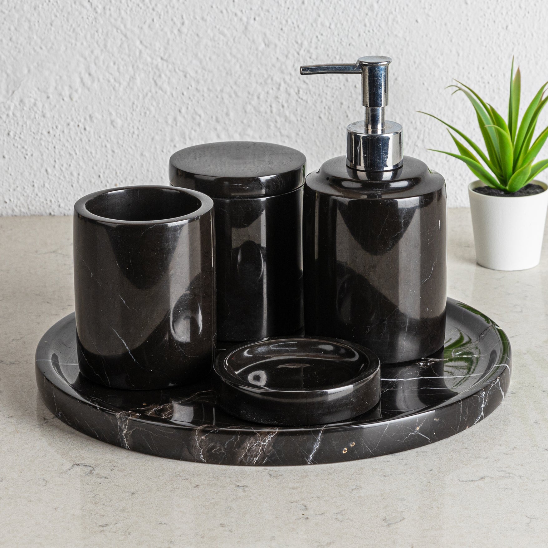 Nero Marquina Marble Bathroom Accessories Set / 5 Pieces