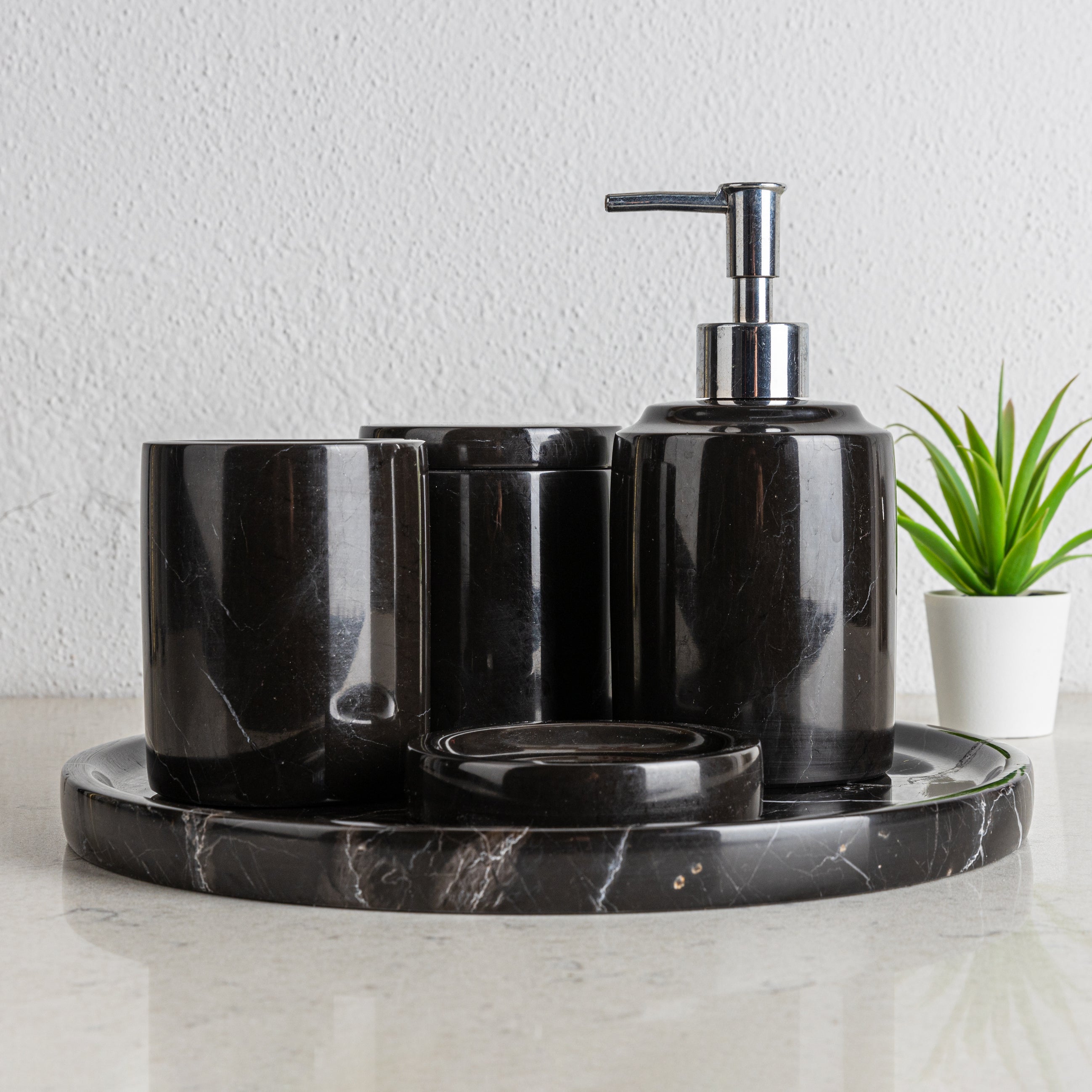 Nero Marquina Marble Bathroom Accessories Set / 5 Pieces