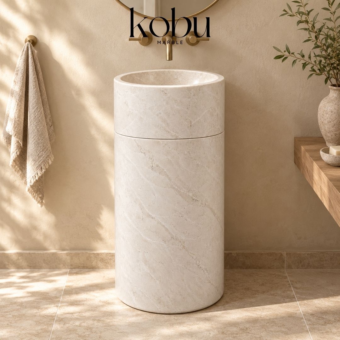 Beige marble cylinder pedestal sink with a wall-mounted brass faucet in a sunlit bathroom.