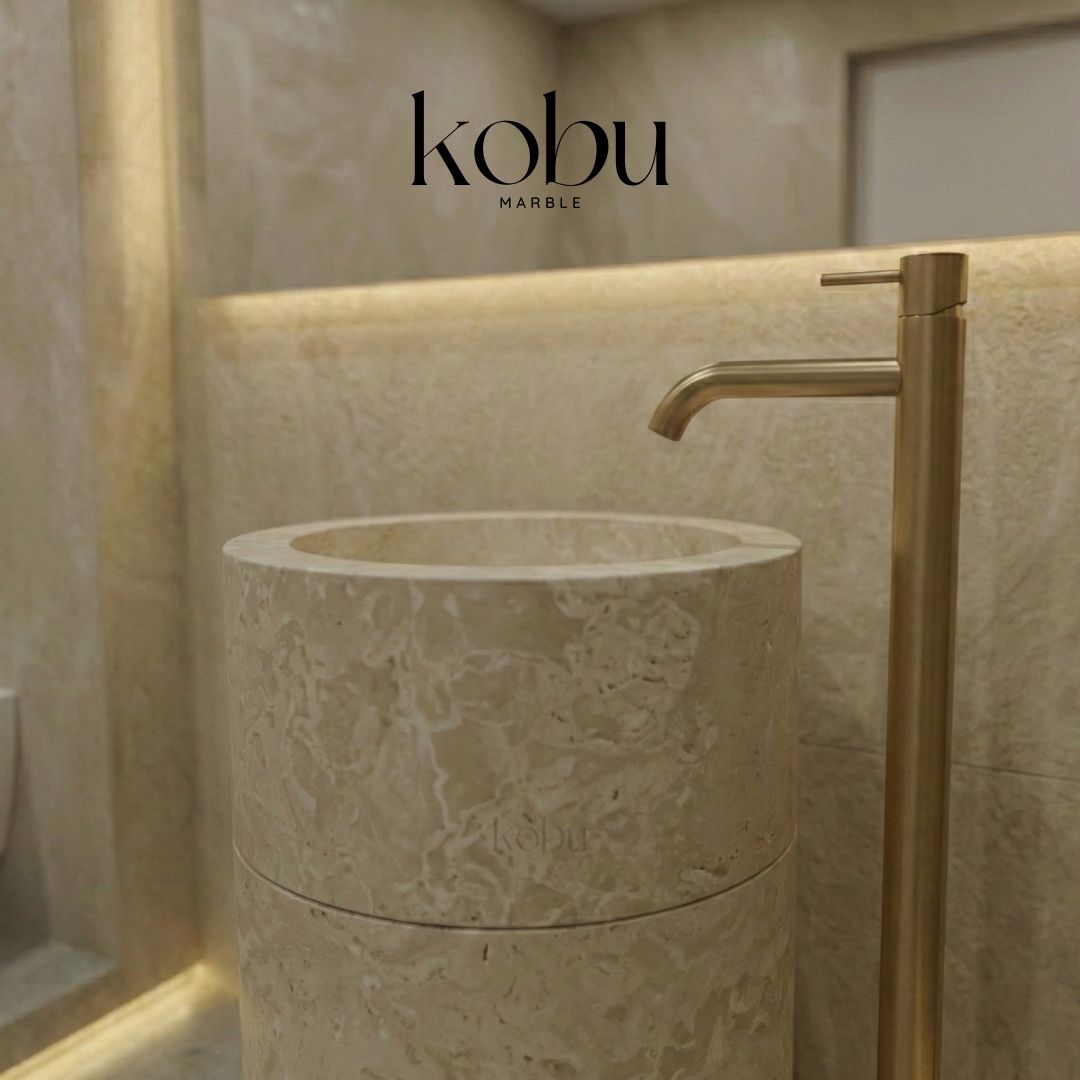 freestanding cylinder travertine stone pedestal sink