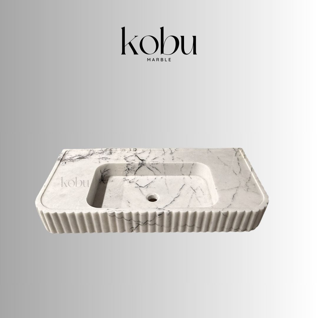 fluted lilac marble bathroom sink front detail