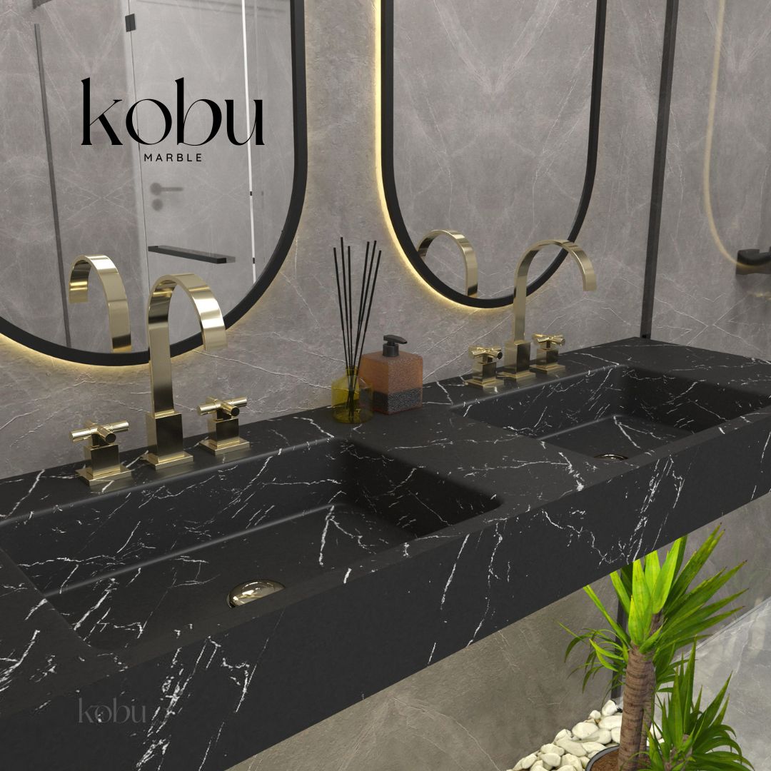 Close-up of Nero Marquina marble double sink, highlighting unique white veining and refined craftsmanship.