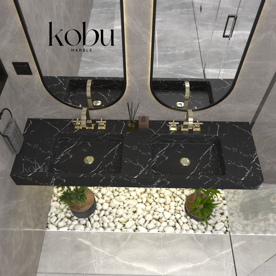 Nero Marquina marble double sink installed in a modern bathroom, combining elegance and functionality.