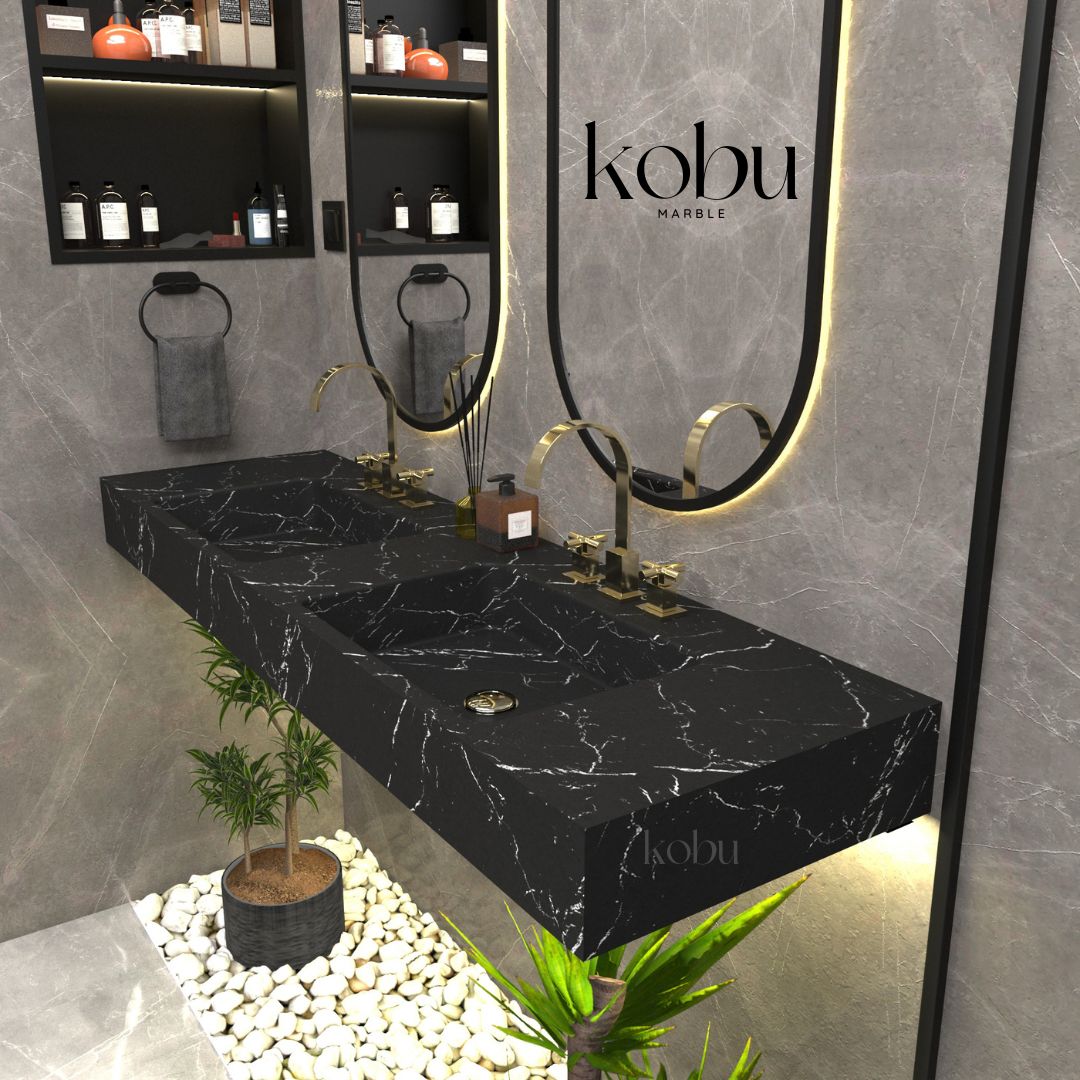 Side angle of a luxury Nero Marquina double sink, showcasing its polished black marble finish.