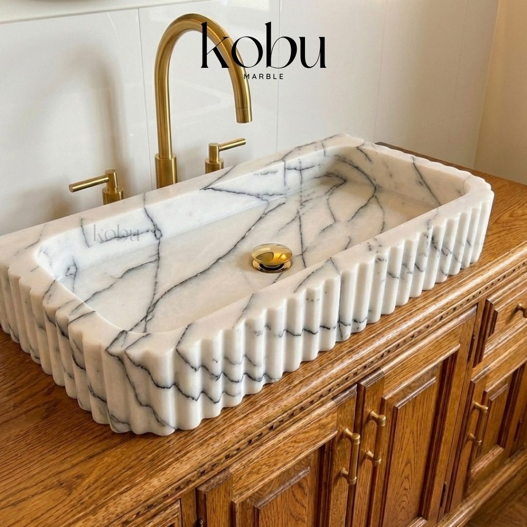 Rectangular lilac marble bathroom sink handcrafted from natural stone