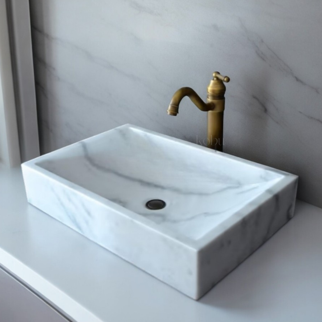 White Marble Bathroom Vessel Sink- Graceful Slope